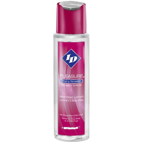 Flacon ID Pleasure transparent a bouchon rose, lubrifiant base eau picotement vibrant, etiquette rose au gingko biloba et trefle rouge de face