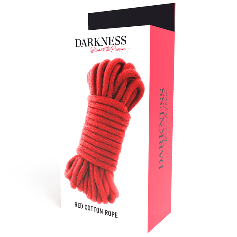 Corde de bondage en coton rouge Darkness enroulee devant sa boite Red Cotton Rope rose. Fibre coton souple pour les jeux de shibari, de domination et d'immobilisation.