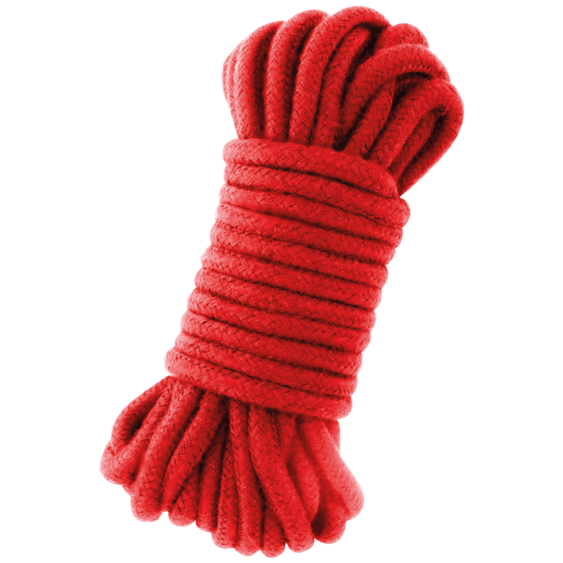 Corde de bondage japonaise en coton rouge Darkness enroulee en faisceau compact. Coton souple a bonne tenue des noeuds pour le shibari, le bondage et la restriction.