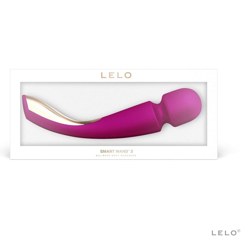 Coffret blanc Smart Wand 2 de Lelo présentant la baguette de massage magenta à l'horizontale dans son écrin, masseur corporel premium signé Lelo.