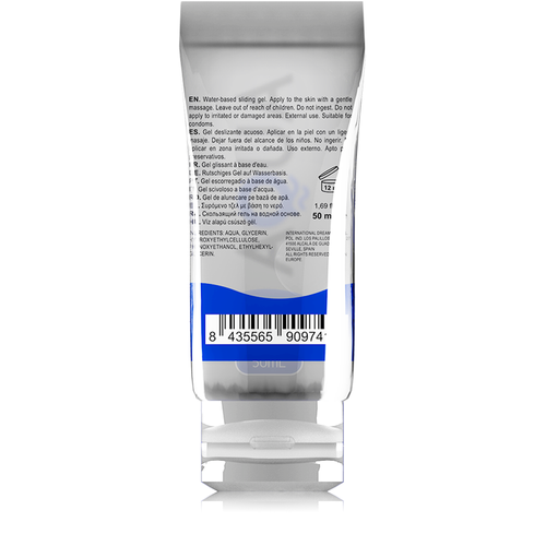 Verso d un tube Aqua Waterbased lubrifiant base eau 50 ml montrant le texte reglementaire, le code-barres et les mentions d utilisation sur fond blanc