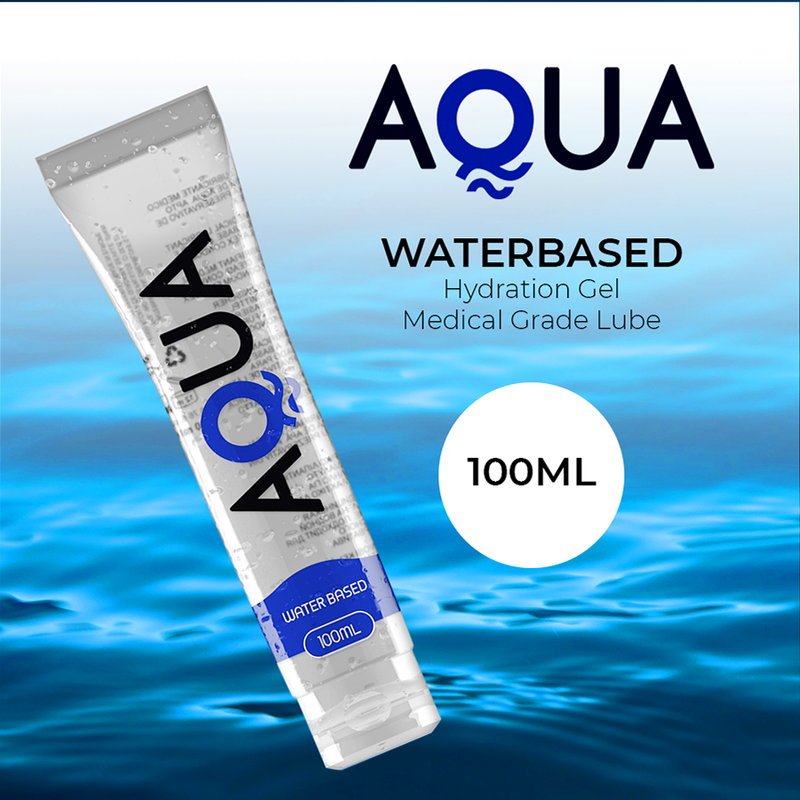 Visuel marketing Aqua Waterbased Hydration Gel 100 ml de qualite medicale, tube transparent sur fond d eau bleue, lubrifiant intime base eau soyeux