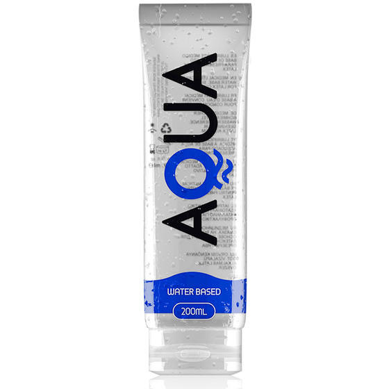 Tube transparent Aqua Waterbased lubrifiant base eau 200 ml, gel hydratant a glisse prolongee, liseret bleu et logo Aqua, perles d eau sur fond blanc