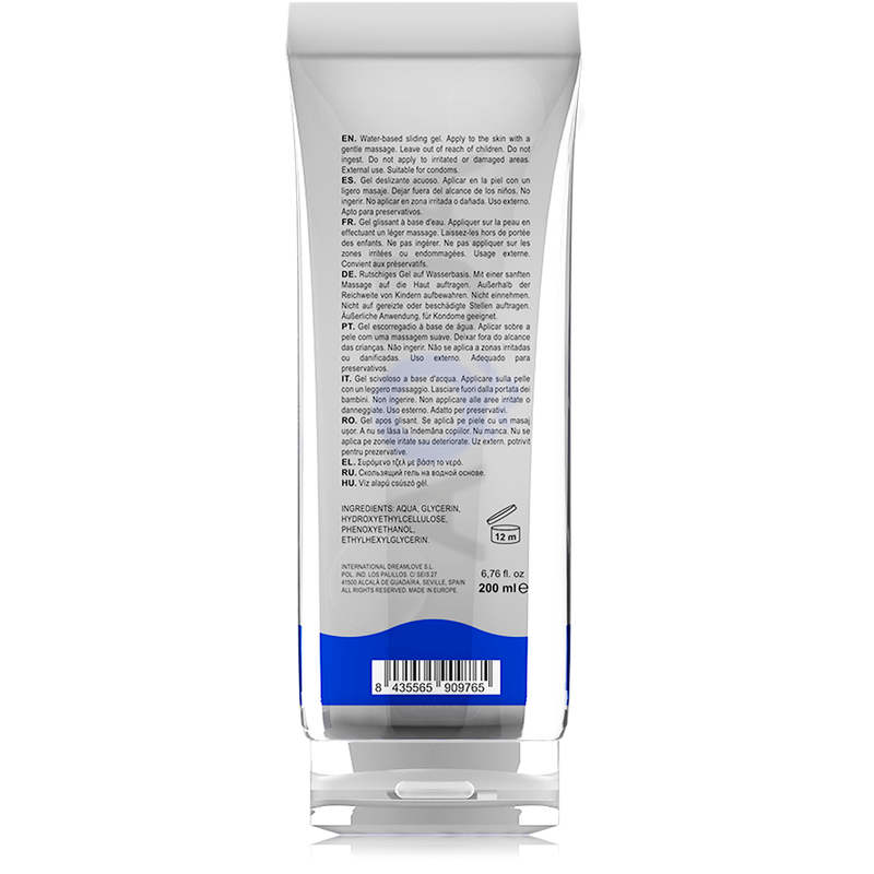 Verso d un grand tube Aqua Waterbased lubrifiant base eau presentant la notice detaillee, le code-barres et les ingredients sur fond blanc neutre
