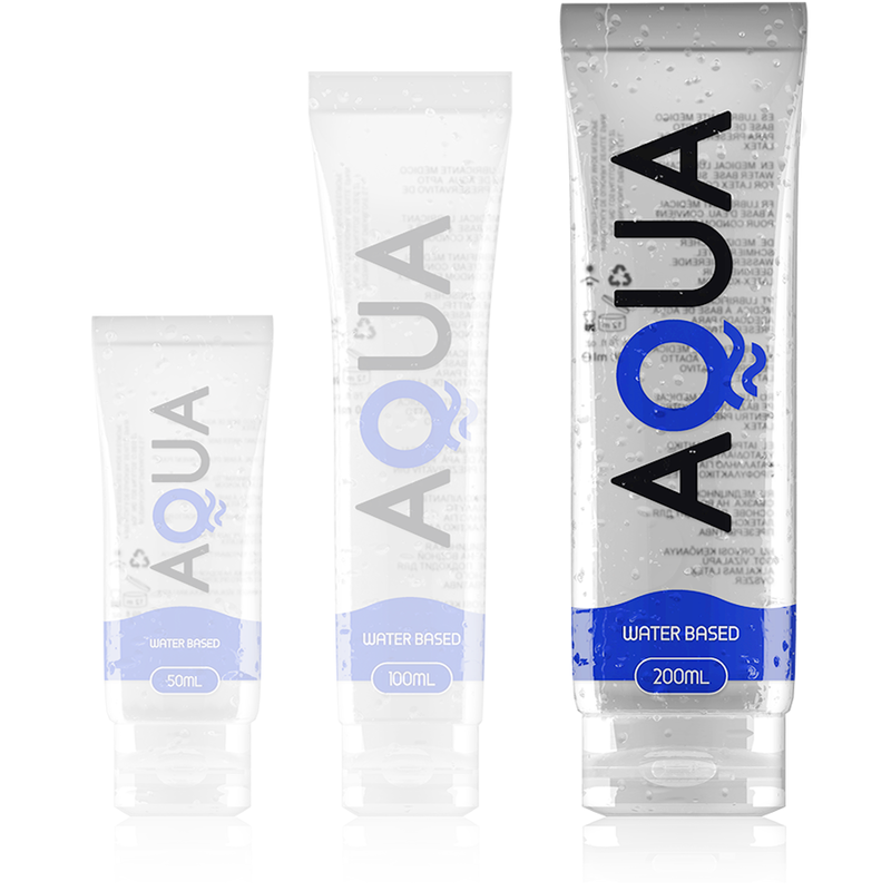 Trois tubes Aqua Waterbased de lubrifiant base eau en taille croissante 50, 100 et 200 ml, gel transparent hydratant a glisse prolongee, liseret bleu