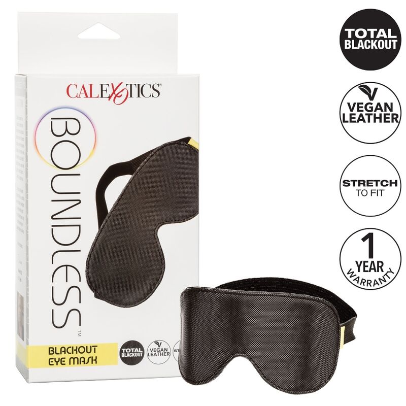 Packaging Boundless Blackout Eye Mask CalExotics, masque pour les yeux en cuir vegan, pictogrammes total blackout, stretch to fit et garantie un an.
