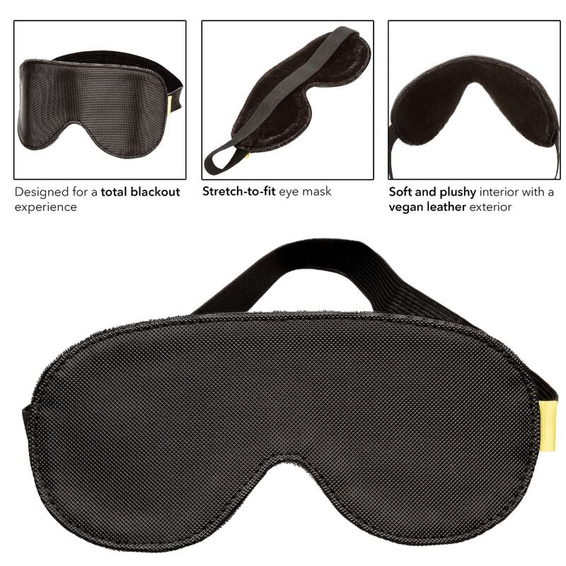 Vignettes détaillées du masque Boundless Blackout, vues de l'extérieur cuir vegan, de l'élastique stretch et de l'intérieur plush pour une privation visuelle confortable.
