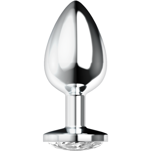 Plug anal leste en metal argente debout sur sa base, gros plan sur le corps conique lisse et la collerette ornee d'un cristal facette, pour un porter discret et raffine.