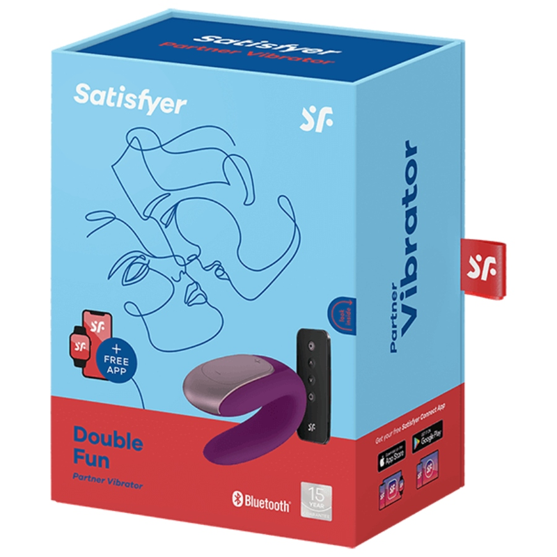 Boîte bleue Double Fun partner vibrator Satisfyer au visage stylisé au trait, illustrant le vibromasseur couple violet en U et la télécommande, Bluetooth.