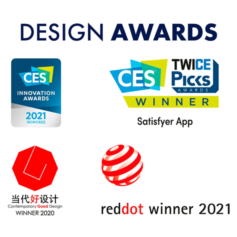 Planche de récompenses design du Satisfyer Double Fun noir avec logos CES Innovation, Twice Picks et reddot winner 2021, sans élément anatomique.