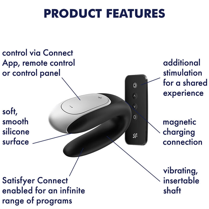 Schéma annoté du vibromasseur couple Double Fun noir en U détaillant la surface silicone, la charge magnétique et la tige insérable vibrante, connecté à l'app.