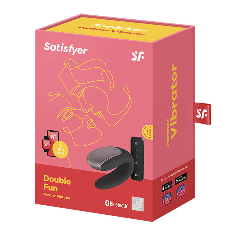 Boîte rouge corail Double Fun partner vibrator Satisfyer au visage stylisé au trait, illustrant le vibromasseur couple noir en U et la télécommande.