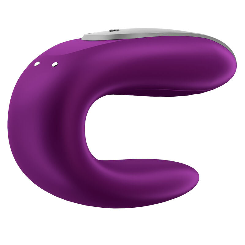 Vue arrière du vibromasseur couple Double Fun violet en U montrant ses deux contacts de charge et sa double branche en silicone pour clitoris et point G.