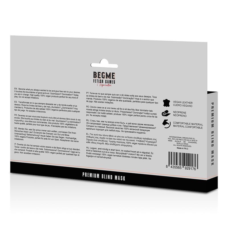 Dos de la boîte Begme Premium Blind Mask avec notice produit et pictogrammes cuir vegan néoprène, masque aveugle BDSM réglable sans nickel.
