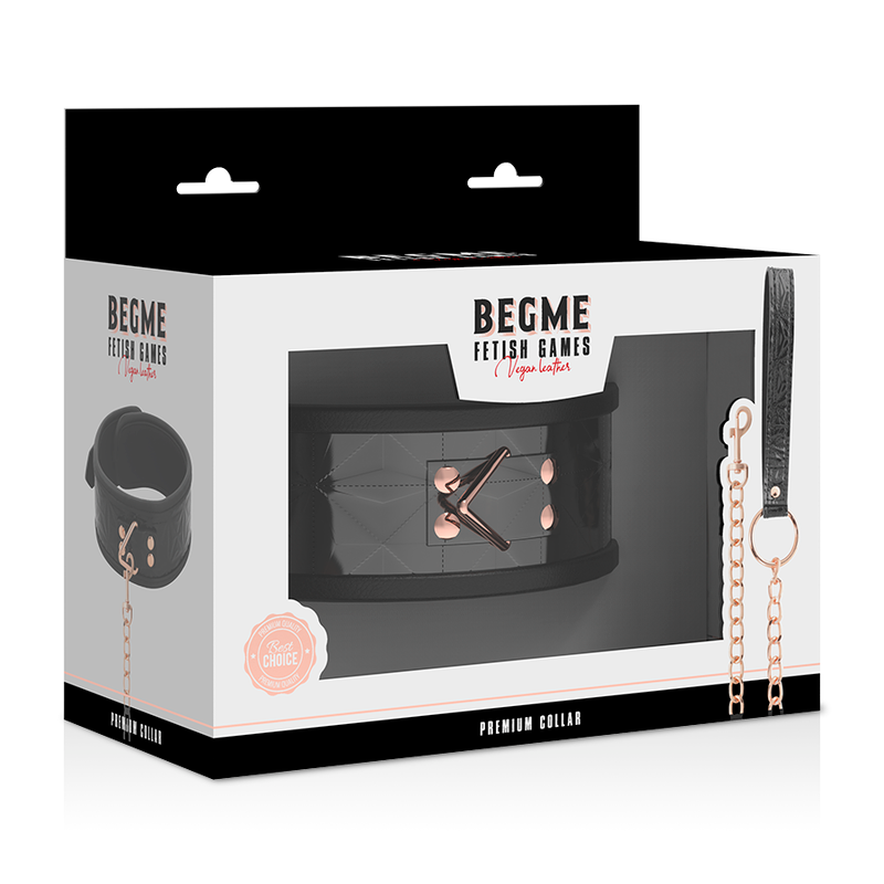 Boîte Begme Premium Collier montrant le collier de soumission noir et sa laisse chaîne, accessoire BDSM cuir vegan réglable métal sans nickel.