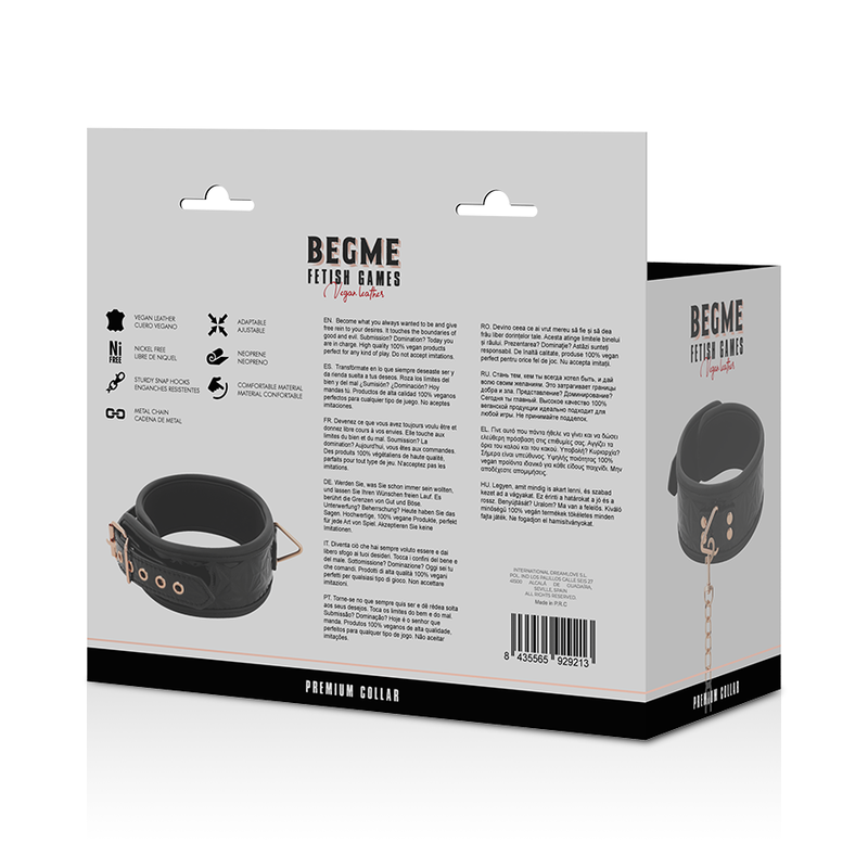Dos de la boîte Begme Premium Collier avec notice et collier de soumission cuir vegan noir, laisse chaîne et boucle métal sans nickel.