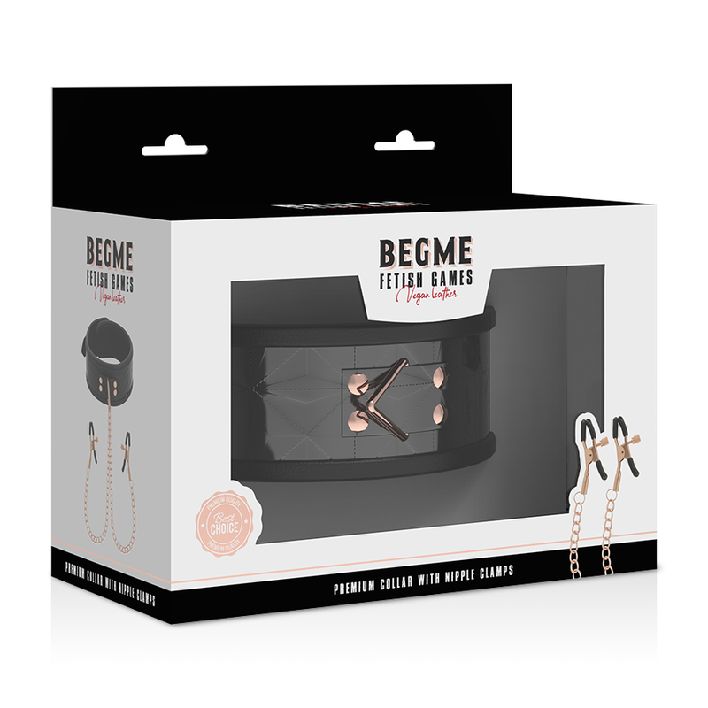 Boîte Begme Premium Collier with Nipple Clamps montrant le collier noir relié aux pinces à seins par chaîne, ensemble BDSM cuir vegan.