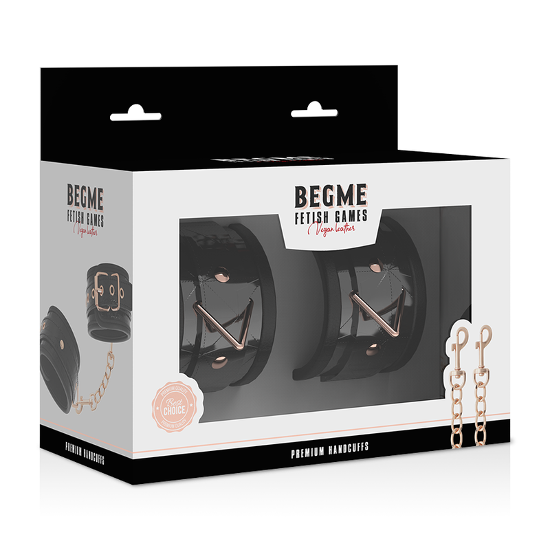 Boîte Begme Premium Handcuffs montrant la paire de menottes cuir vegan noir à chaîne or rose, ensemble bondage rembourré réglable.