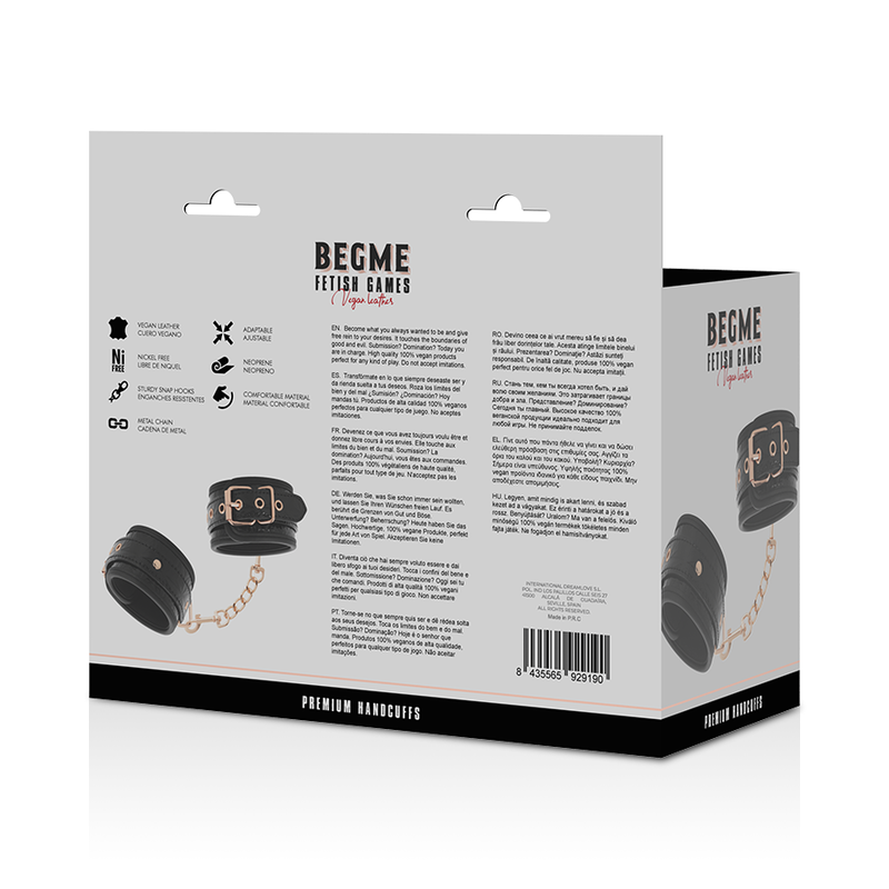 Dos de la boîte Begme Premium Handcuffs avec notice et pictogrammes, menottes cuir vegan noir rembourrées réglables métal sans nickel.