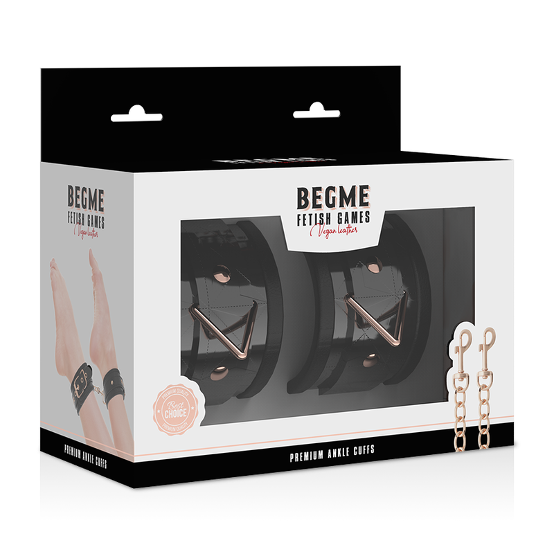 Boîte Begme Premium Ankle Cuffs montrant les menottes de chevilles cuir vegan noir à chaîne or rose, bondage rembourré réglable néoprène.