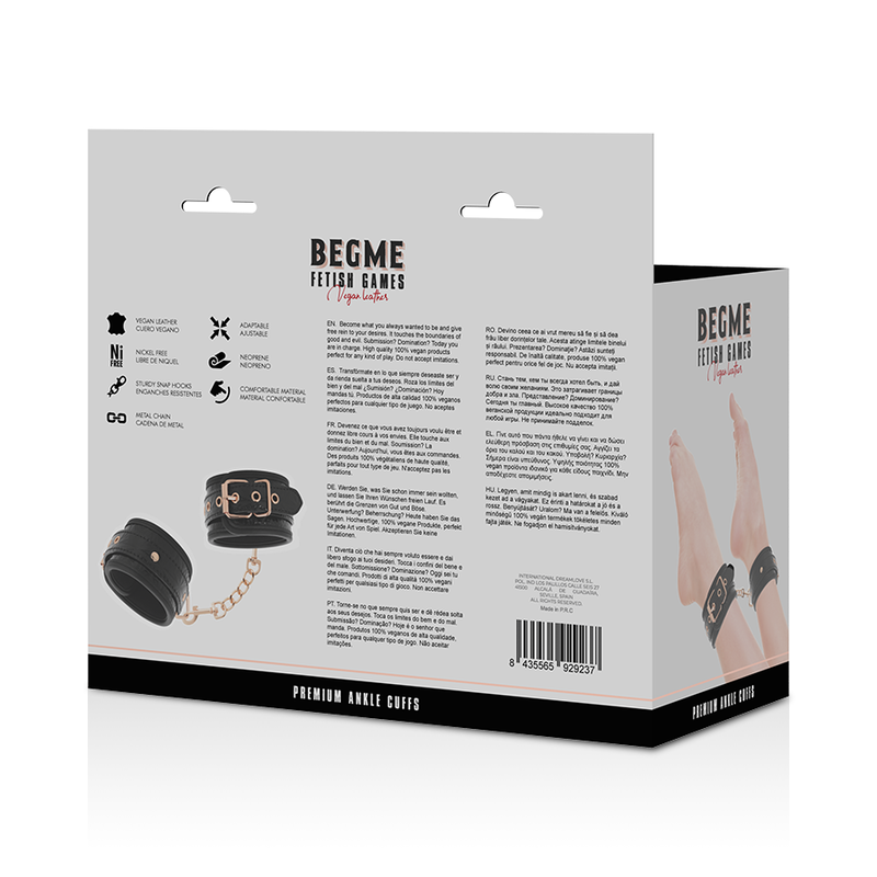 Dos de la boîte Begme Premium Ankle Cuffs avec notice et pictogrammes, menottes de chevilles cuir vegan noir réglables métal sans nickel.