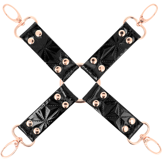 Croix de liaison Begme cuir vegan noir en forme de X, quatre mousquetons or rose pour relier menottes, accessoire bondage hog tie réglable.