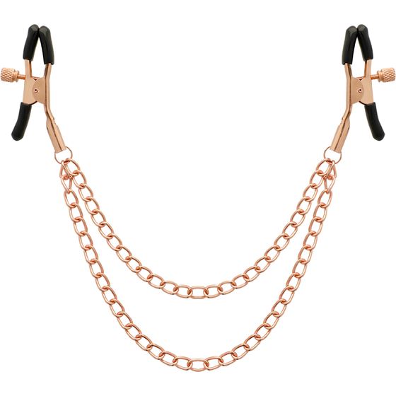 Pinces à tétons Begme acier inoxydable or rose reliées par double chaîne, embouts noirs réglables, accessoire BDSM de stimulation unisexe.