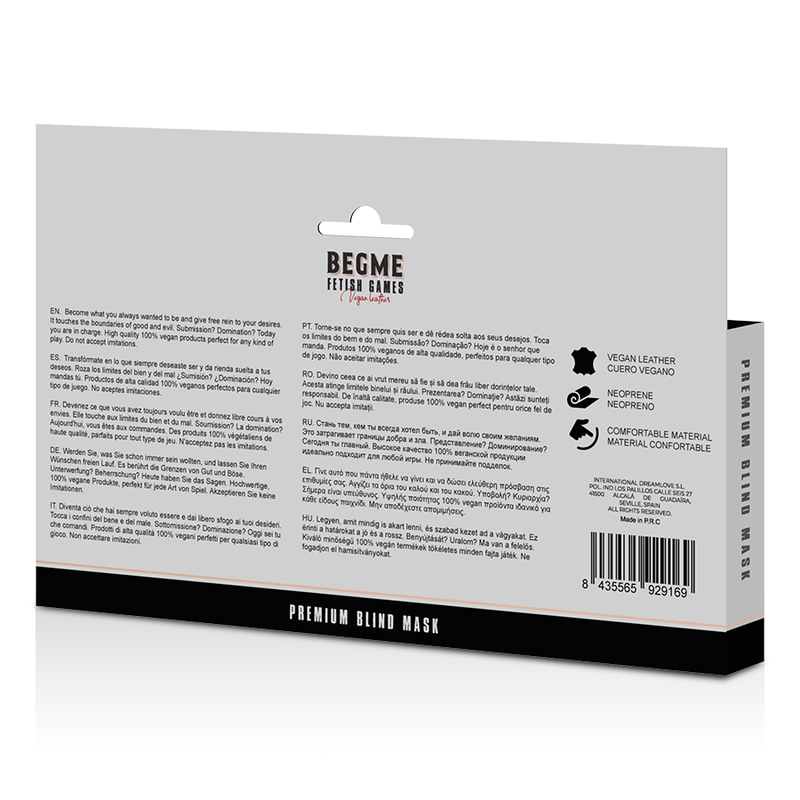 Dos de la boîte Begme Premium Blind Mask avec notice et pictogrammes cuir vegan néoprène, masque aveugle rouge réglable sans nickel.