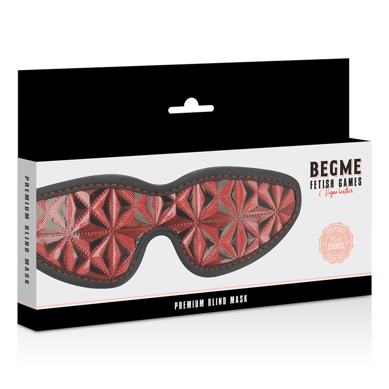Boîte Begme Premium Blind Mask édition rouge montrant le masque aveugle cuir vegan facetté, accessoire de privation sensorielle réglable.
