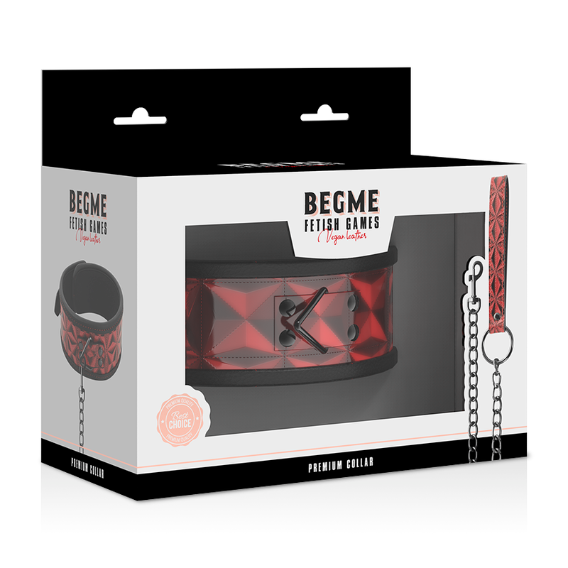 Boîte Begme Premium Collier édition rouge montrant le collier de domination cuir synthétique et sa laisse chaîne, accessoire BDSM réglable.