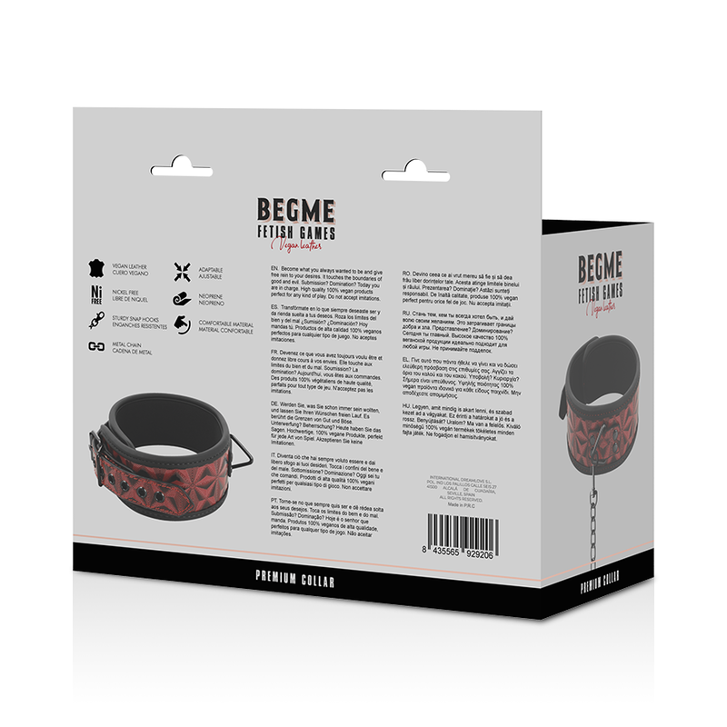 Dos de la boîte Begme Premium Collier rouge avec notice et pictogrammes, collier de domination cuir synthétique néoprène métal sans nickel.