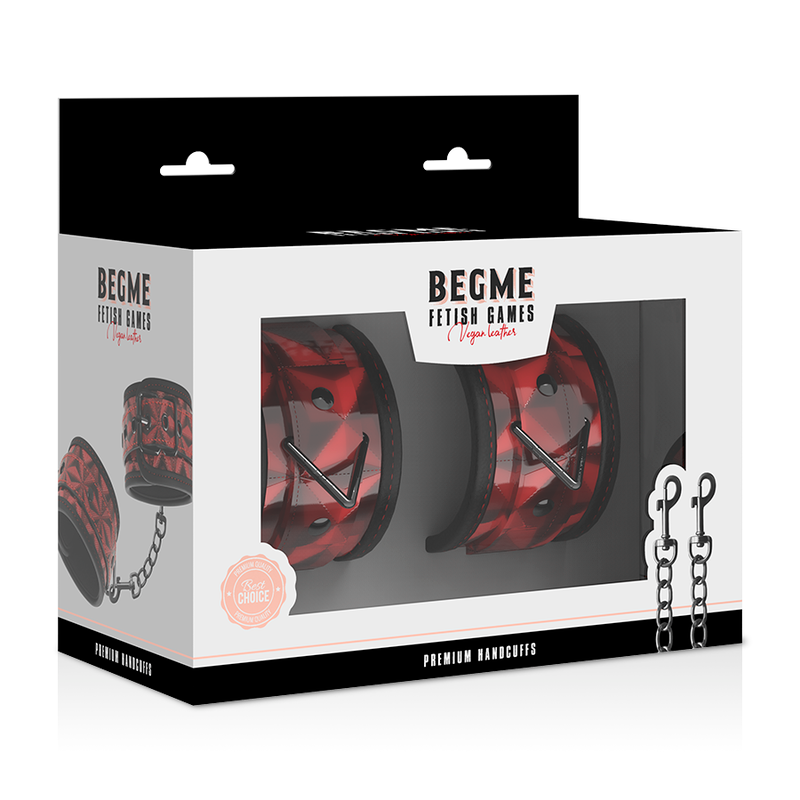 Boîte Begme Premium Handcuffs édition rouge montrant la paire de menottes cuir facetté à chaîne, ensemble bondage rembourré réglable.