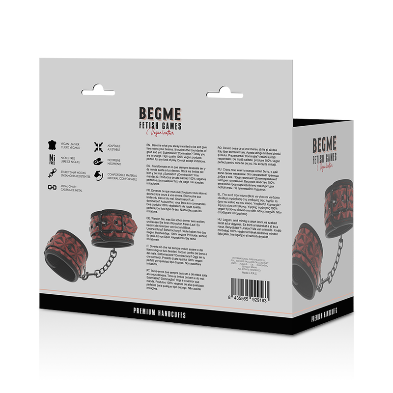 Dos de la boîte Begme Premium Handcuffs rouge avec notice et pictogrammes, menottes cuir rouge rembourrées réglables métal sans nickel.