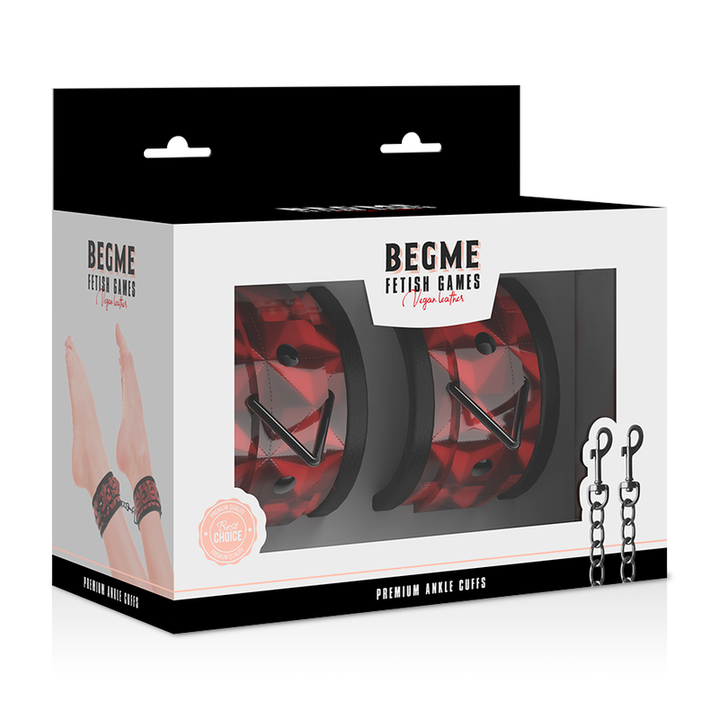 Boîte Begme Premium Ankle Cuffs édition rouge montrant les menottes de chevilles cuir facetté à chaîne, bondage rembourré réglable néoprène.