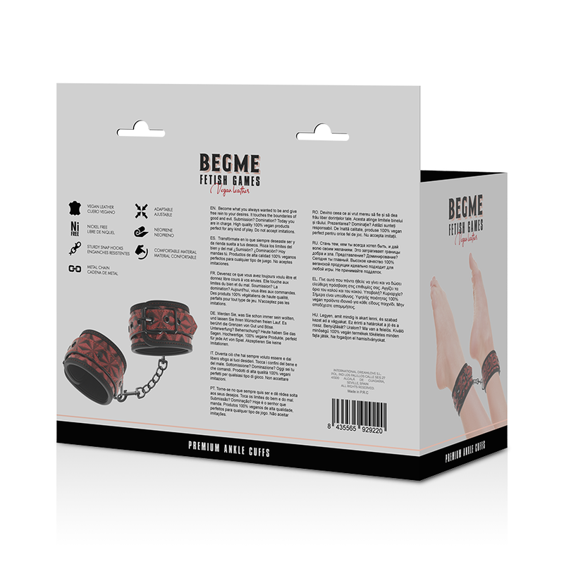Dos de la boîte Begme Premium Ankle Cuffs rouge avec notice et pictogrammes, menottes de chevilles cuir réglables métal sans nickel.