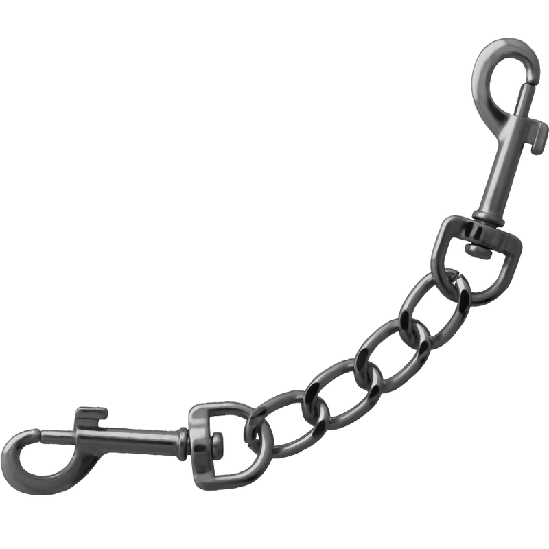 Mousqueton et chaîne de liaison noire des menottes de chevilles Begme, fermoir métal sans nickel, connexion bondage cuir synthétique rouge.