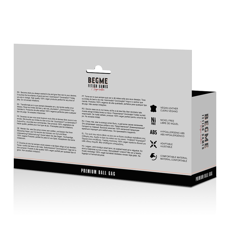 Verso de la boite Begme du baillon boule avec pictogrammes materiaux ABS et neoprene, packaging informatif noir et blanc de la gamme Fetish Games.