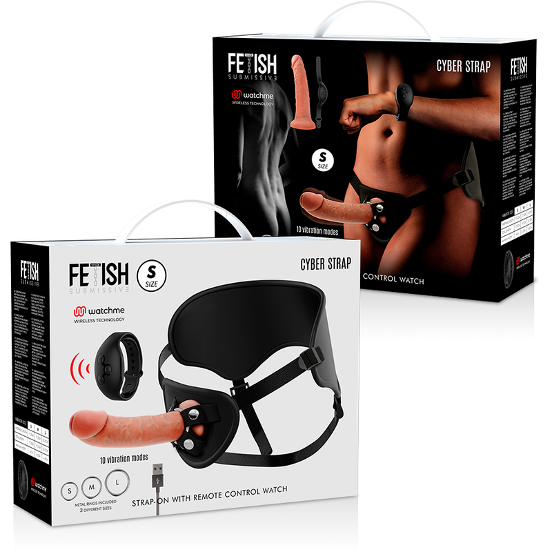 Boites du Cyber Strap Fetish Submissive taille S avec telecommande montre Watchme, visuel du gode ceinture realiste sur le packaging, set strap-on a vibrations.