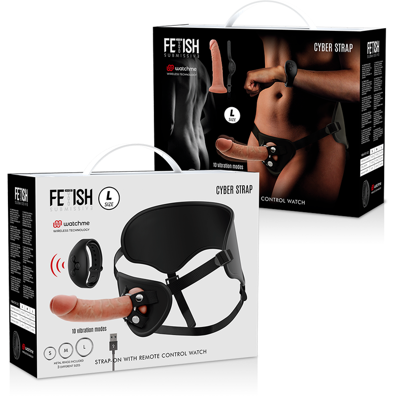 Boites du Cyber Strap Fetish Submissive taille L avec telecommande montre Watchme, gode ceinture realiste visible sur le packaging, set strap-on a vibrations.