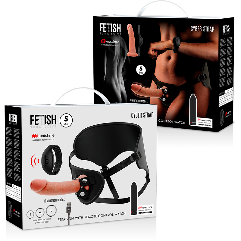Deux boites du gode ceinture Cyber Strap Fetish Submissive empilees, packaging noir presentant la telecommande montre Watchme et les modes de vibration sans visuel anatomique.