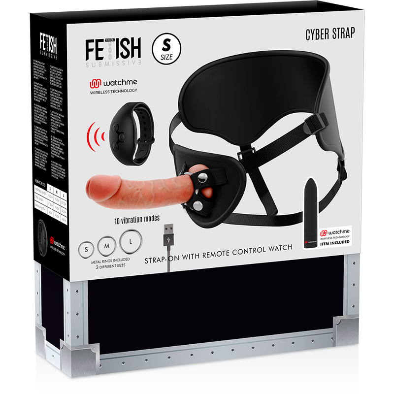 Boite du Cyber Strap Fetish Submissive de face montrant le harnais et un gode realiste, mention telecommande Watchme et modes de vibration sur l'emballage noir.