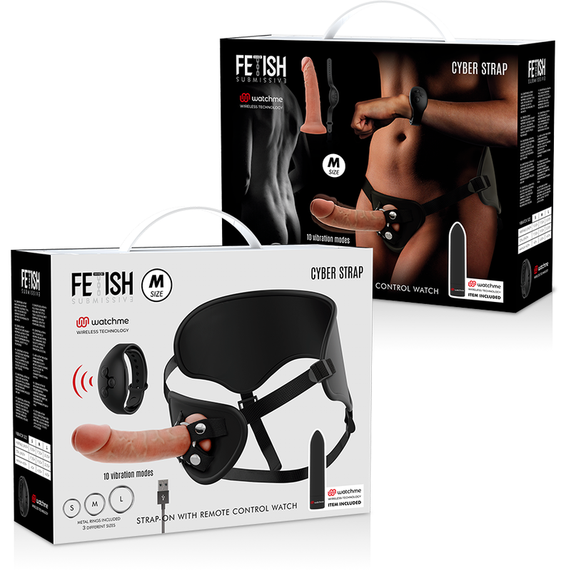 Boites du Cyber Strap Fetish Submissive taille M avec telecommande montre Watchme, gode ceinture realiste visible sur le packaging, set strap-on a vibrations.
