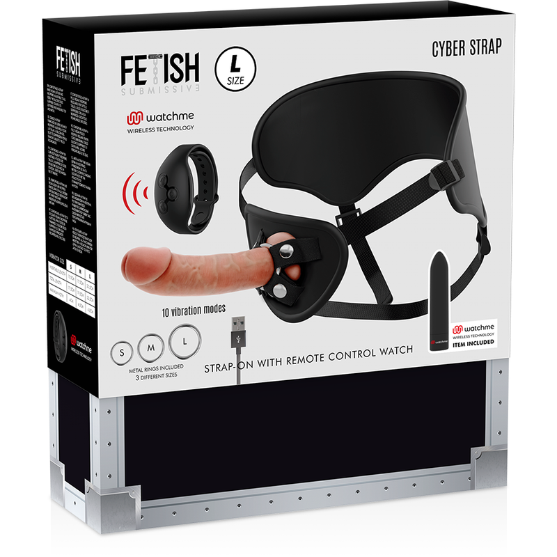 Boite du Cyber Strap Fetish Submissive presentant le harnais avec gode realiste, telecommande montre Watchme et dix modes de vibration sur emballage noir.