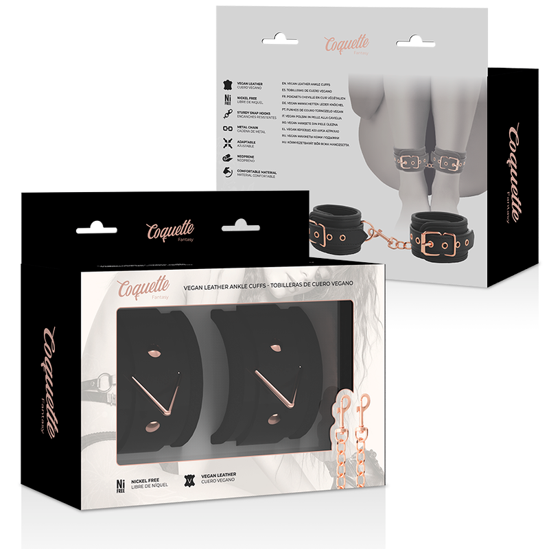 Boites Coquette Fantasy des attaches en cuir vegan presentant les manchettes a boucles dorees, accessoire de bondage doublé neoprene pour des jeux d'attache confortables.