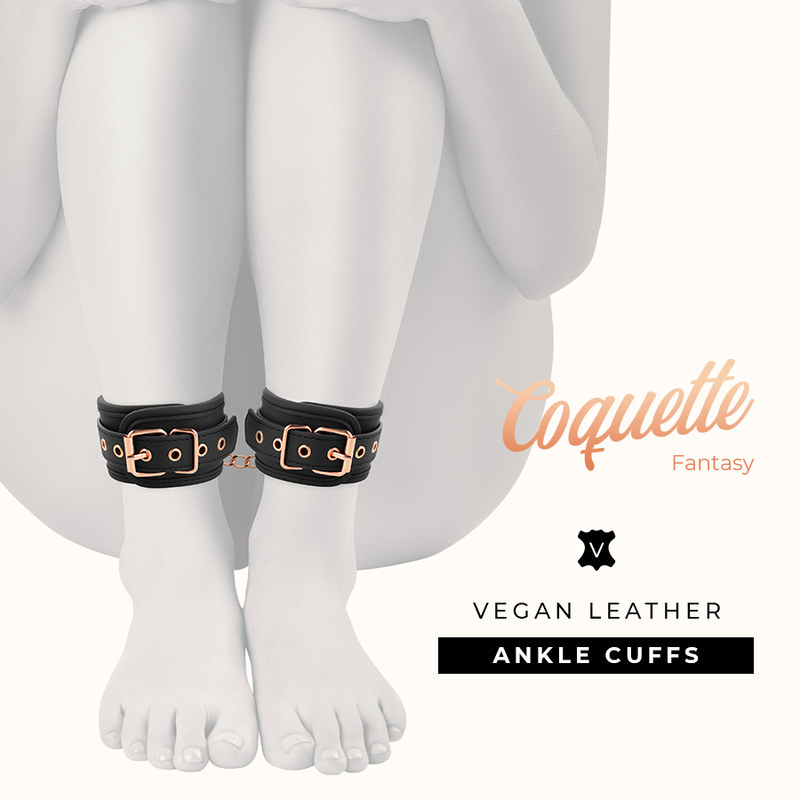 Attaches de chevilles en cuir vegan Coquette Fantasy doublees neoprene sur visuel produit, boucles metal sans nickel et interieur rembourre pour le bondage confortable.