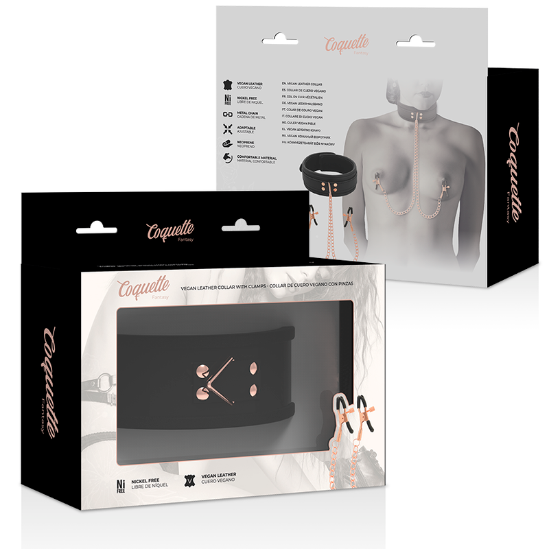 Emballages Coquette du collier a pinces a tetons cuir vegan, packaging montrant l'accessoire fetiche et sa chaine or rose pour stimulation sensorielle en couple.