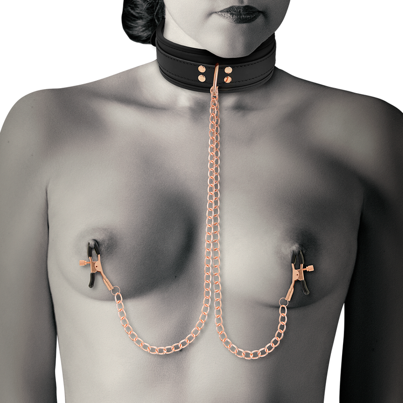 Collier pince téton cuir vegan avec chaîne métal — vue de profil