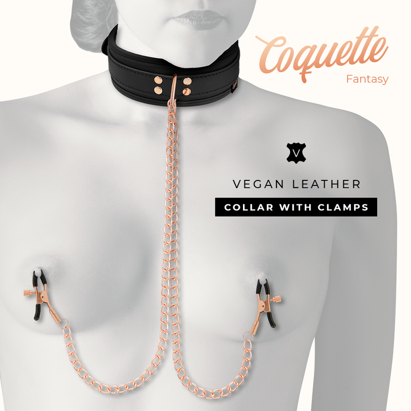 Visuel marque Collar with Clamps montrant le collier cuir vegan Coquette porte avec ses pinces a tetons reliees par chaine or rose sur un buste, accessoire fetiche de stimulation.