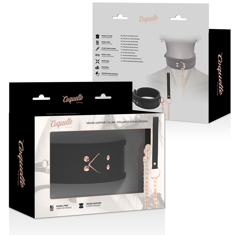 Emballages Coquette du collier-laisse cuir vegan, packaging multilingue montrant l'accessoire de soumission et sa laisse a chaine or rose pour jeux de domination.