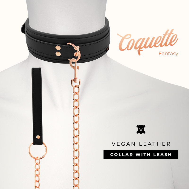 Visuel marque Collar with Leash montrant le collier cuir vegan Coquette et sa laisse a chaine or rose portes sur un buste, accessoire de soumission pour jeux de domination.